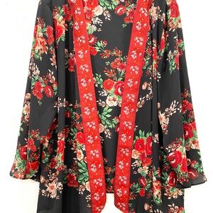 The Pioneer Woman Black Red Floral Kimono Cardigan Light Airy Flowy Size L / XL
